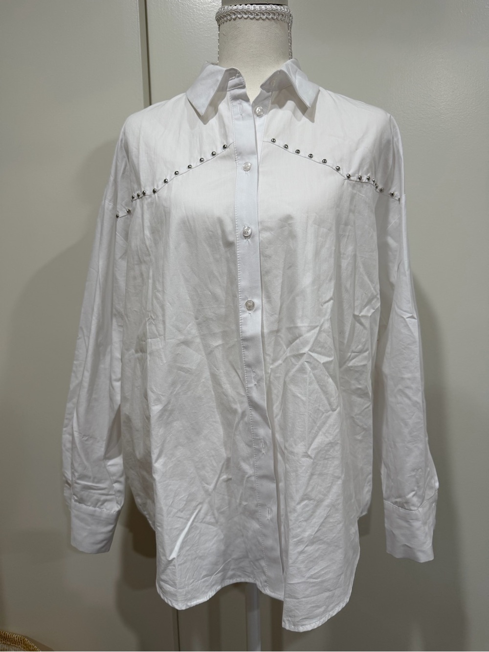 Zara White Stud-Trim Button-Down Shirt